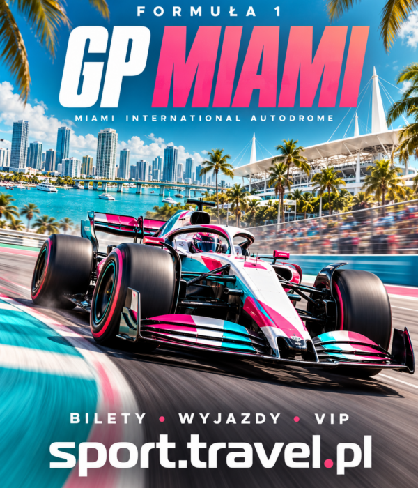 Formuła 1 GP Miami – plakat z bolidem i panoramą miasta