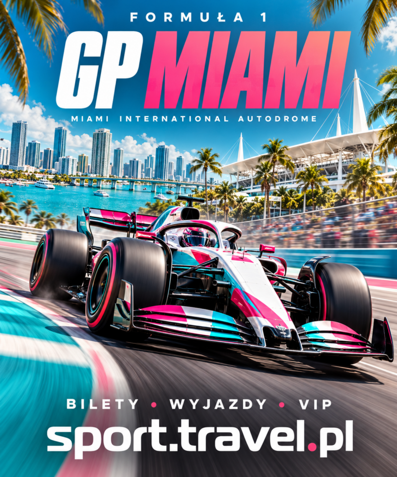 Formuła 1 GP Miami – plakat z bolidem i panoramą miasta