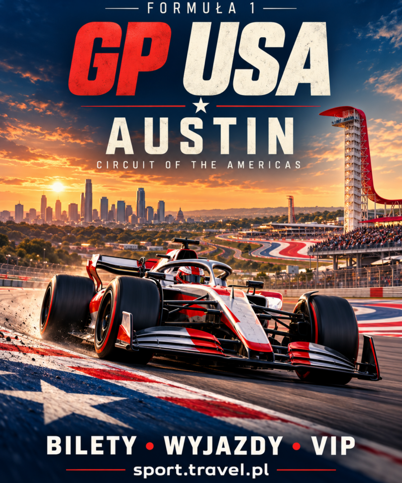 Formuła 1 GP USA Austin – plakat z bolidem i wieżą Circuit of the Americas