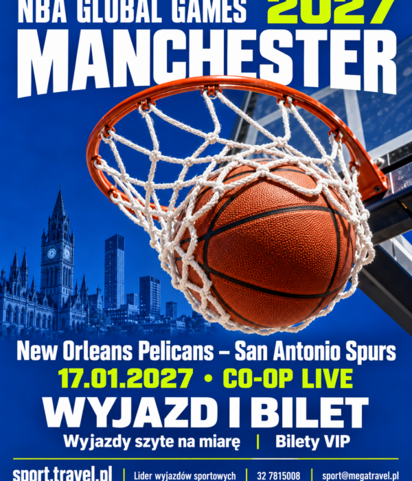 Plakat NBA Global Games 2027 Manchester: New Orleans Pelicans – San Antonio Spurs, 17 stycznia w Co-op Live, z piłką koszykarską wpadającą do kosza.