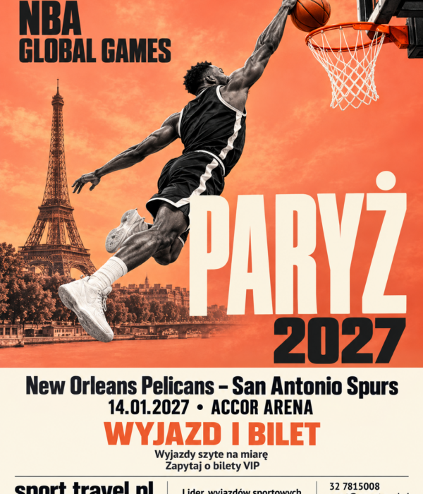 Plakat NBA Global Games 2027 w Paryżu: New Orleans Pelicans – San Antonio Spurs, 14 stycznia w Accor Arenie, z koszykarzem wykonującym wsad i wieżą Eiffla.