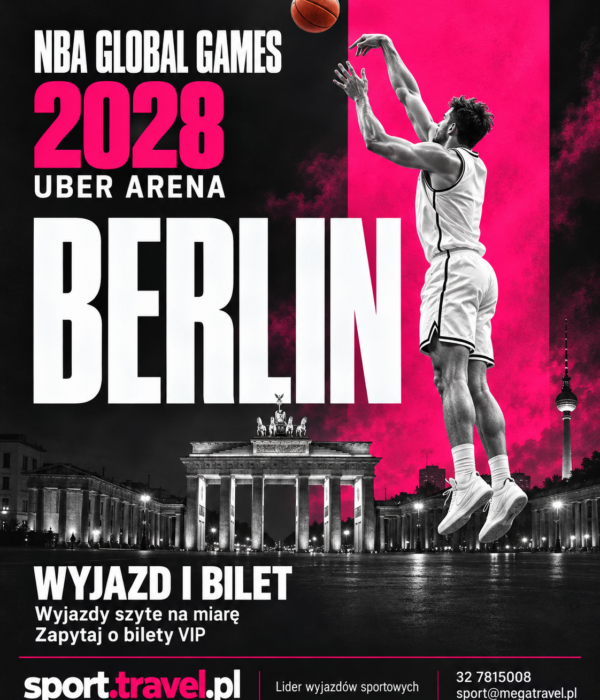 Plakat NBA Global Games 2028 w Berlinie z koszykarzem oddającym rzut i Bramą Brandenburską. Wyjazd i bilet ze sport.travel.pl.