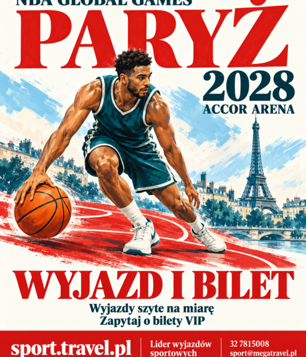 Plakat NBA Global Games 2028 w Paryżu z koszykarzem kozłującym piłkę i wieżą Eiffla. Wyjazd i bilet ze sport.travel.pl.