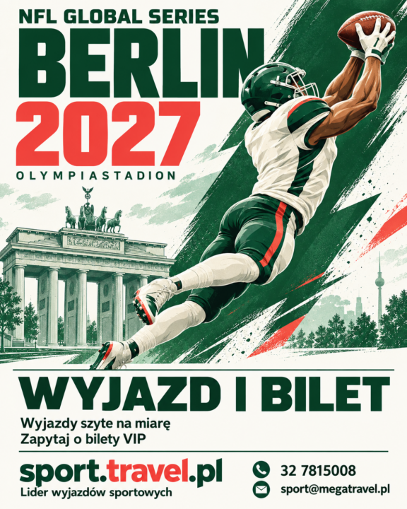 Plakat NFL Global Series 2027 w Berlinie z ilustracją zawodnika łapiącego piłkę futbolu amerykańskiego i Bramą Brandenburską. Wyjazd i bilet ze sport.travel.pl.