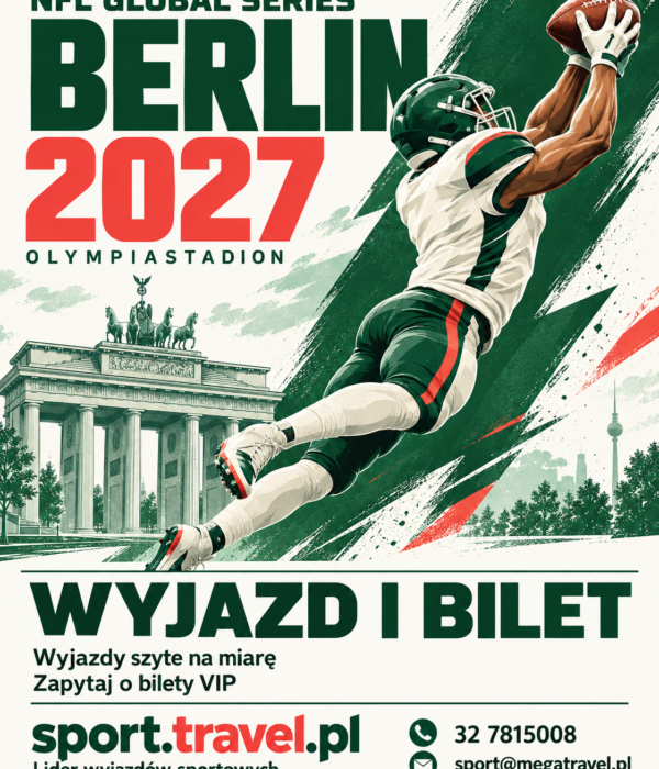 Plakat NFL Global Series 2027 w Berlinie z ilustracją zawodnika łapiącego piłkę futbolu amerykańskiego i Bramą Brandenburską. Wyjazd i bilet ze sport.travel.pl.