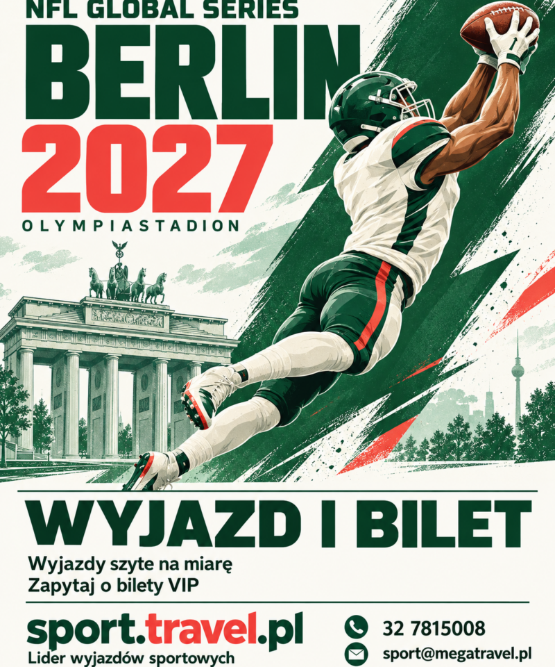 Plakat NFL Global Series 2027 w Berlinie z ilustracją zawodnika łapiącego piłkę futbolu amerykańskiego i Bramą Brandenburską. Wyjazd i bilet ze sport.travel.pl.