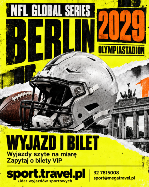 Plakat NFL Global Series 2029 w Berlinie z kaskiem futbolu amerykańskiego, piłką i Bramą Brandenburską. Wyjazd i bilet ze sport.travel.pl.