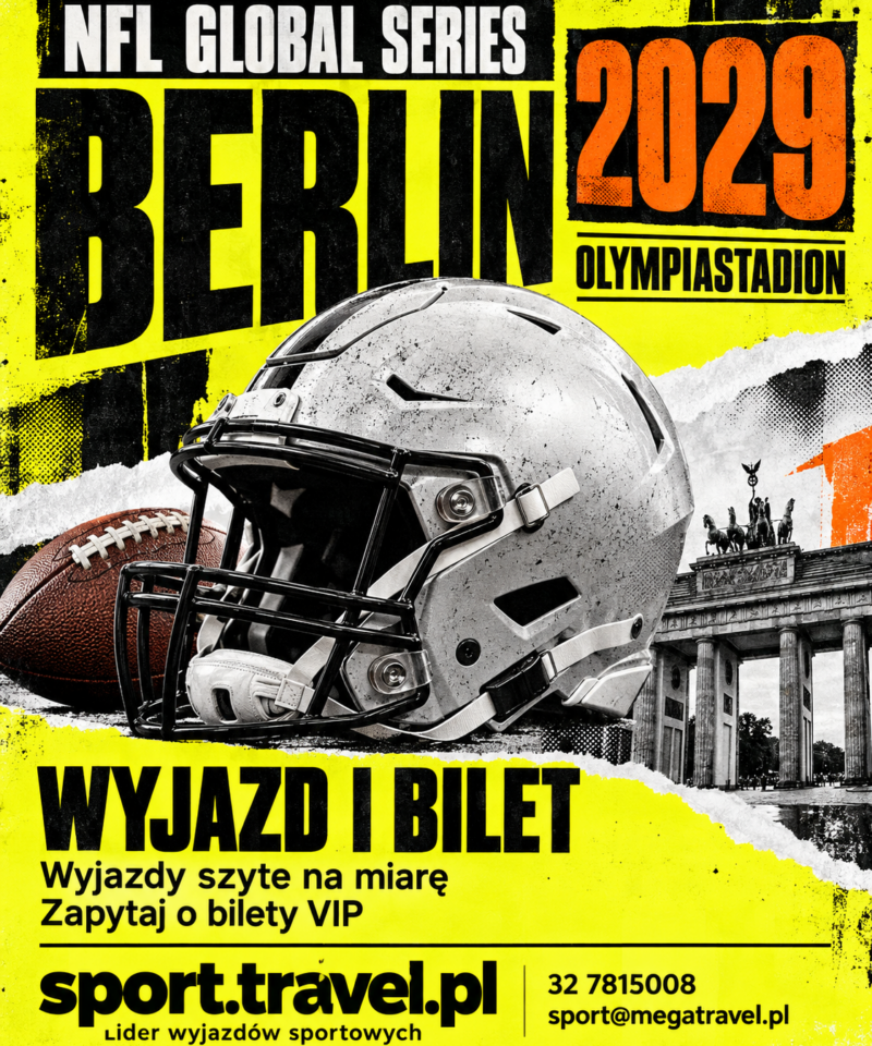 Plakat NFL Global Series 2029 w Berlinie z kaskiem futbolu amerykańskiego, piłką i Bramą Brandenburską. Wyjazd i bilet ze sport.travel.pl.