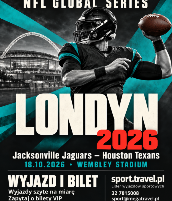 Plakat NFL Global Series 2026 w Londynie: Jacksonville Jaguars – Houston Texans, 18 października na Wembley Stadium, z rozgrywającym futbolu amerykańskiego.