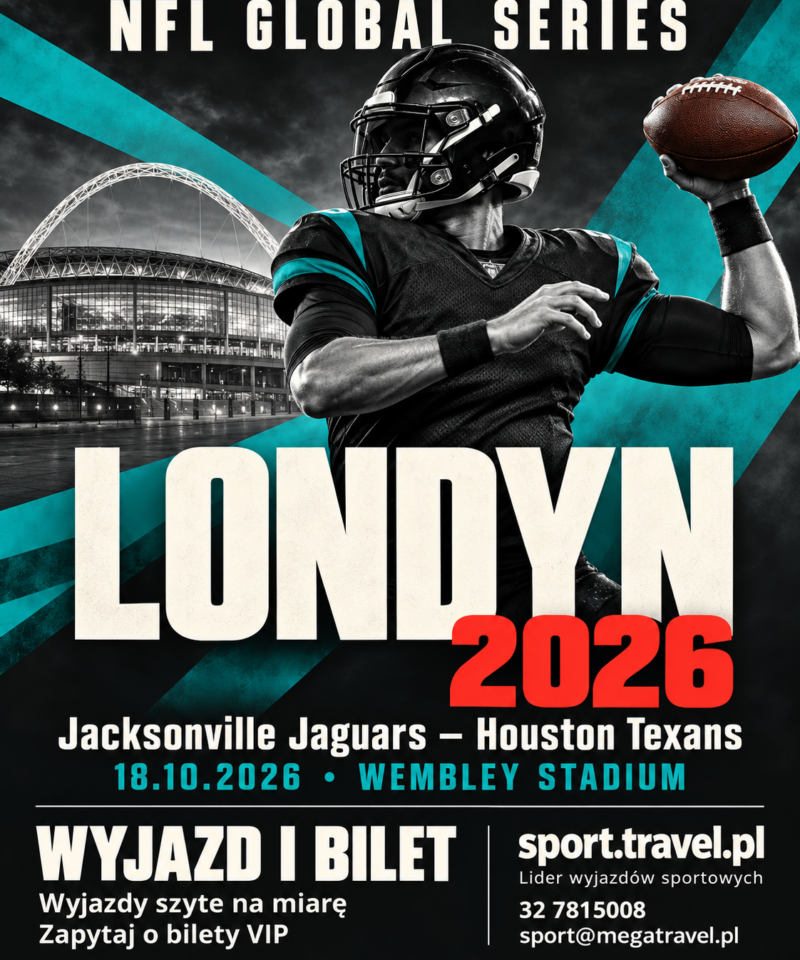Plakat NFL Global Series 2026 w Londynie: Jacksonville Jaguars – Houston Texans, 18 października na Wembley Stadium, z rozgrywającym futbolu amerykańskiego.