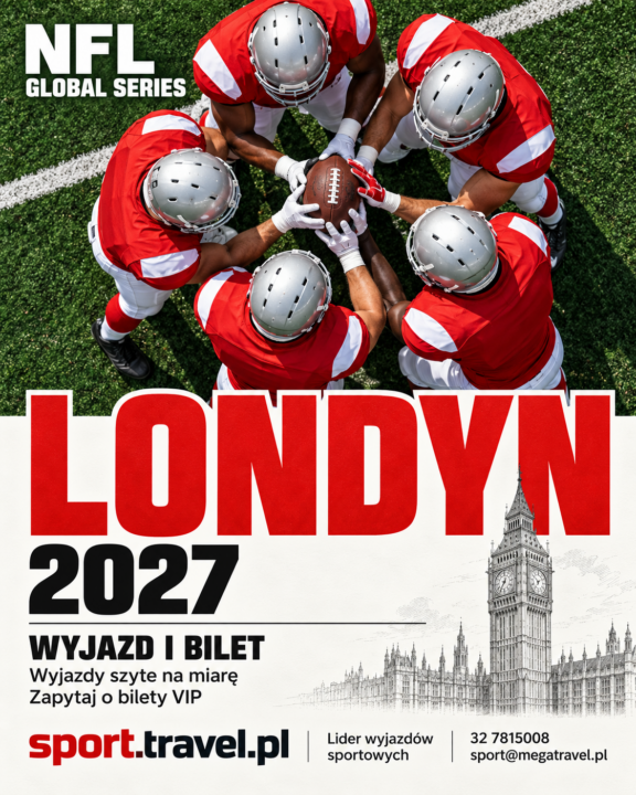 Plakat NFL Global Series 2027 w Londynie z zawodnikami futbolu amerykańskiego zebranymi wokół piłki i szkicem Big Bena. Wyjazd i bilet ze sport.travel.pl.