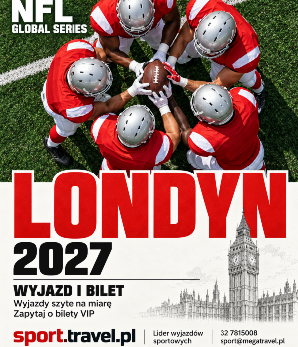 Plakat NFL Global Series 2027 w Londynie z zawodnikami futbolu amerykańskiego zebranymi wokół piłki i szkicem Big Bena. Wyjazd i bilet ze sport.travel.pl.