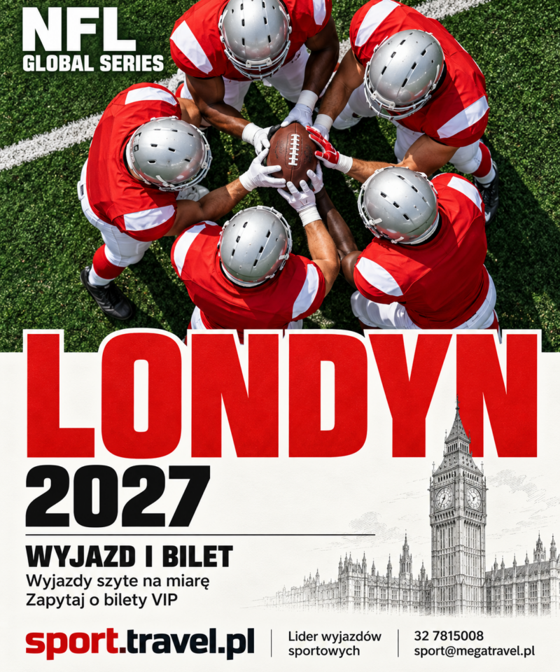 Plakat NFL Global Series 2027 w Londynie z zawodnikami futbolu amerykańskiego zebranymi wokół piłki i szkicem Big Bena. Wyjazd i bilet ze sport.travel.pl.