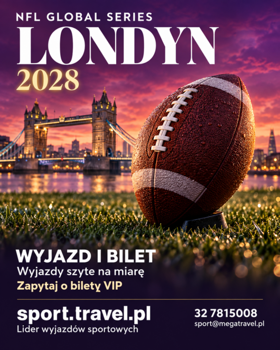 Plakat wyjazdu na NFL Global Series 2028 w Londynie: piłka futbolu amerykańskiego na murawie i Tower Bridge w fioletowej wieczornej scenerii.