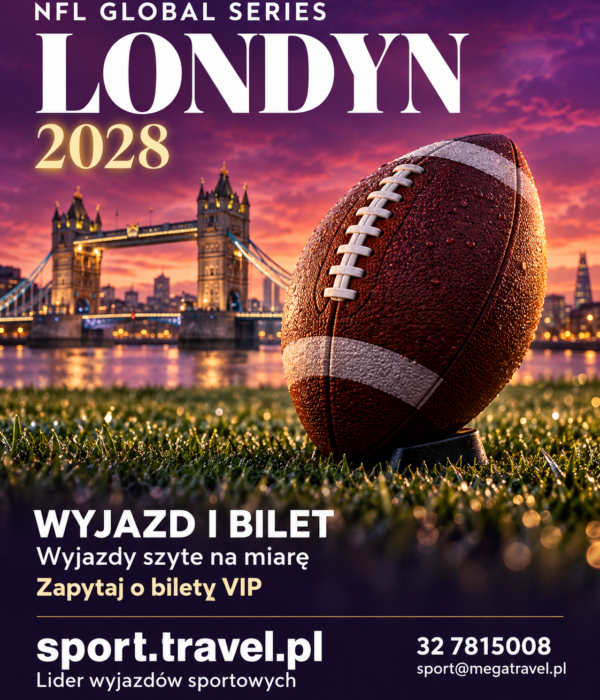 Plakat wyjazdu na NFL Global Series 2028 w Londynie: piłka futbolu amerykańskiego na murawie i Tower Bridge w fioletowej wieczornej scenerii.