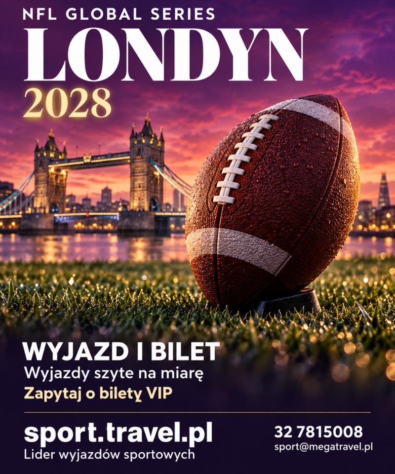 Plakat wyjazdu na NFL Global Series 2028 w Londynie: piłka futbolu amerykańskiego na murawie i Tower Bridge w fioletowej wieczornej scenerii.
