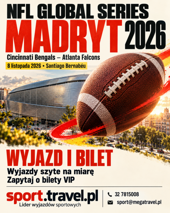 Plakat NFL Global Series 2026 w Madrycie: Cincinnati Bengals – Atlanta Falcons, piłka futbolowa i stadion Santiago Bernabéu. Wyjazd i bilet ze sport.travel.pl.