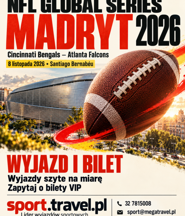 Plakat NFL Global Series 2026 w Madrycie: Cincinnati Bengals – Atlanta Falcons, piłka futbolowa i stadion Santiago Bernabéu. Wyjazd i bilet ze sport.travel.pl.