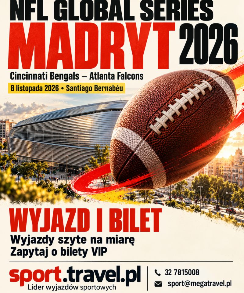 Plakat NFL Global Series 2026 w Madrycie: Cincinnati Bengals – Atlanta Falcons, piłka futbolowa i stadion Santiago Bernabéu. Wyjazd i bilet ze sport.travel.pl.