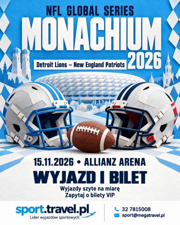 Plakat NFL Global Series 2026 w Monachium: Detroit Lions – New England Patriots, 15 listopada na Allianz Arenie, z kaskami i piłką futbolu amerykańskiego.