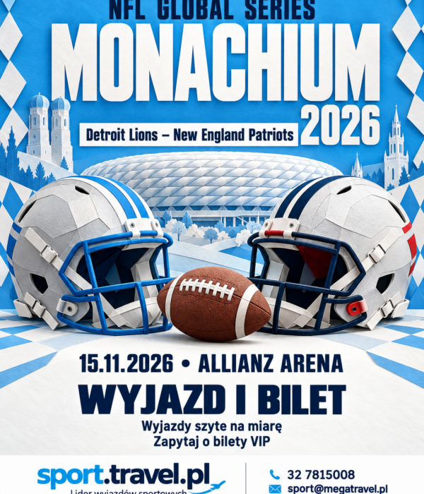 Plakat NFL Global Series 2026 w Monachium: Detroit Lions – New England Patriots, 15 listopada na Allianz Arenie, z kaskami i piłką futbolu amerykańskiego.