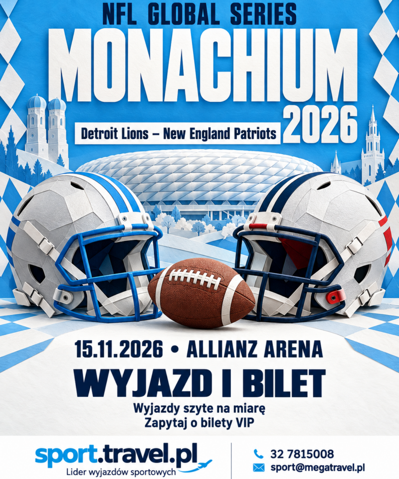 Plakat NFL Global Series 2026 w Monachium: Detroit Lions – New England Patriots, 15 listopada na Allianz Arenie, z kaskami i piłką futbolu amerykańskiego.