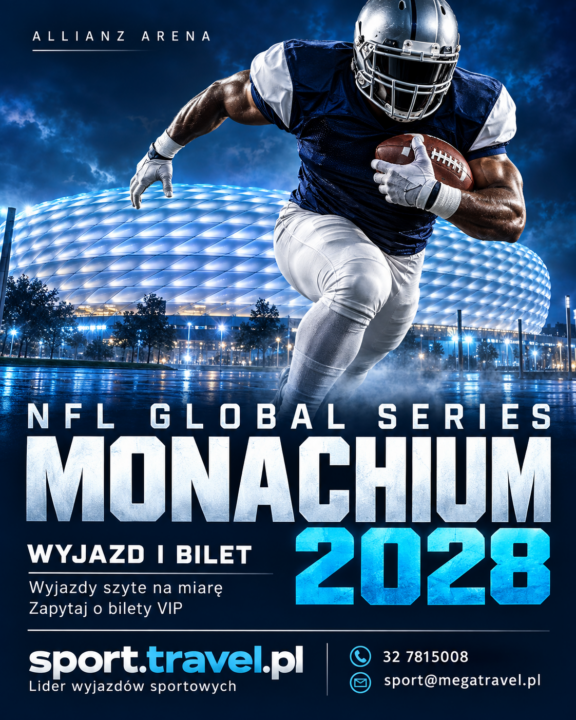 Plakat NFL Global Series 2028 w Monachium z zawodnikiem futbolu amerykańskiego i Allianz Areną. Wyjazd i bilet ze sport.travel.pl.