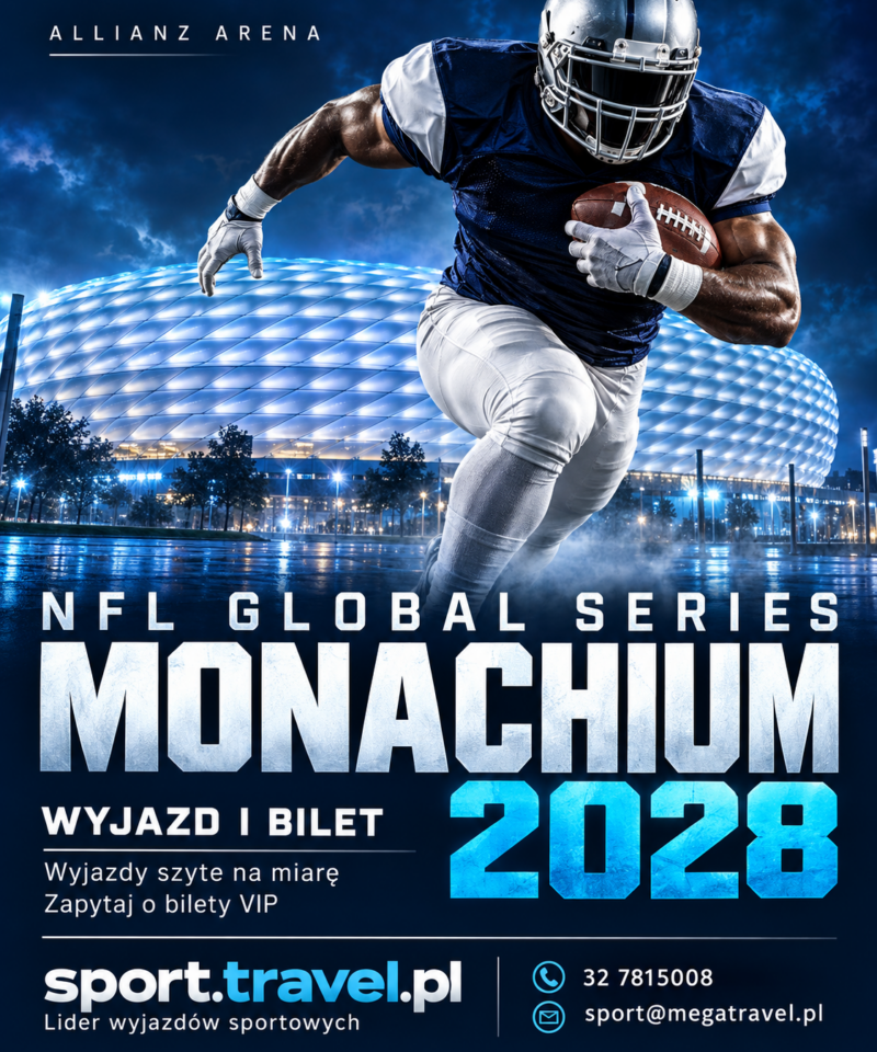 Plakat NFL Global Series 2028 w Monachium z zawodnikiem futbolu amerykańskiego i Allianz Areną. Wyjazd i bilet ze sport.travel.pl.