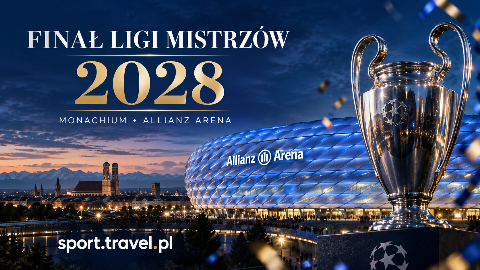 Finał Ligi Mistrzów 2028 w Monachium – Allianz Arena i puchar, sport.travel.pl.