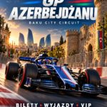 Formuła 1 GP Azerbejdżanu – plakat z bolidem i panoramą Baku