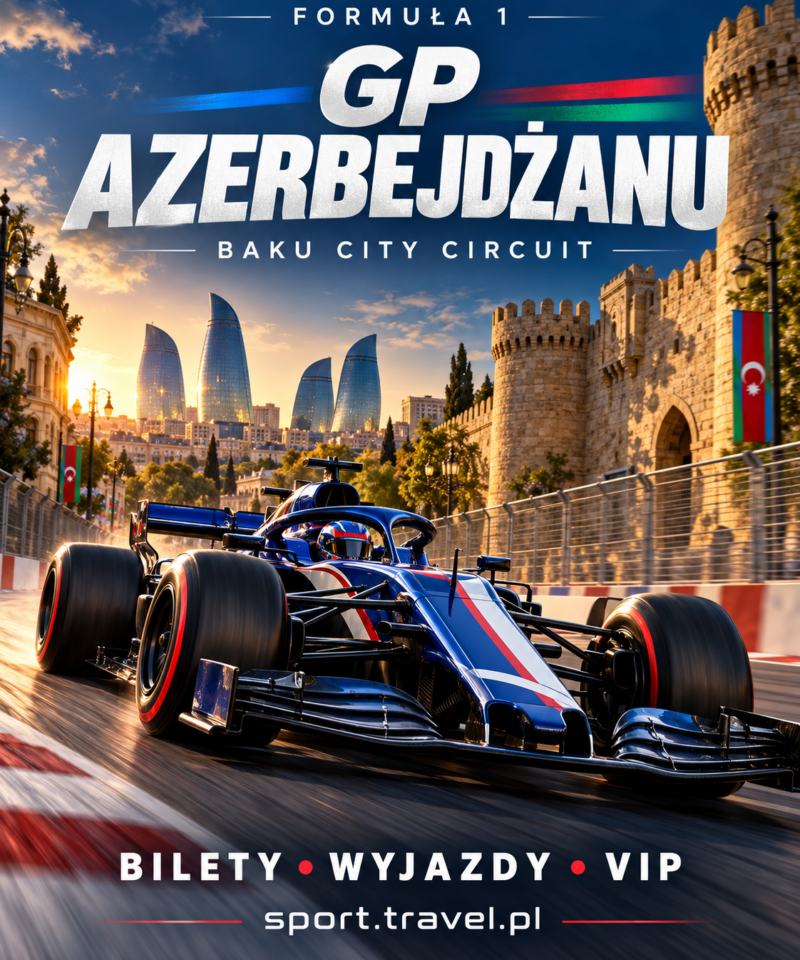 Formuła 1 GP Azerbejdżanu – plakat z bolidem i panoramą Baku